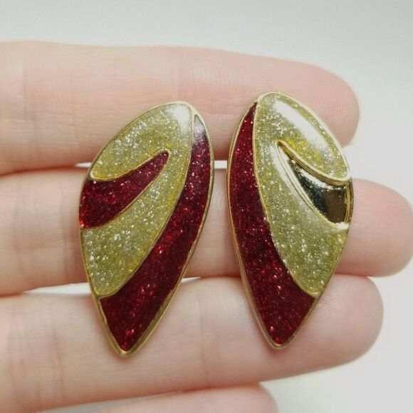 Vintage Red and Gold Tone Glitter Enamel Stud Earrings,  Retro 80s Estate - Picture 1 of 6